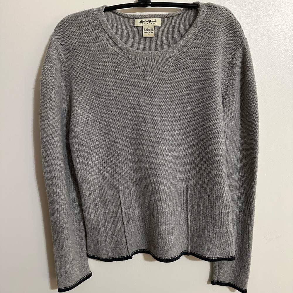 Vintage Eddie Bauer Light Gray W/ Black Trim Lambswool Sweater, Size L